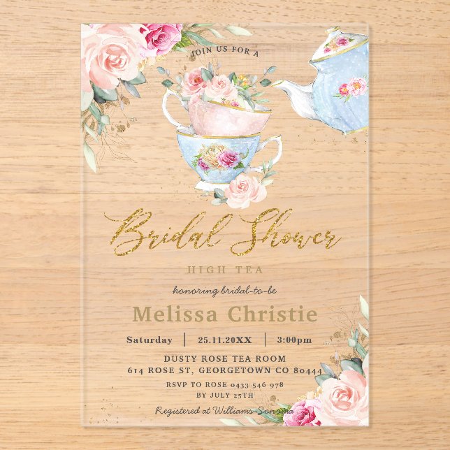 Elegant Blush Floral High Tea Party Bridal Shower Acrylic Invitations (Front)