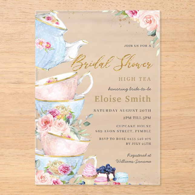 Elegant Blush Floral High Tea Party Bridal Shower Acrylic Invitations (Front)