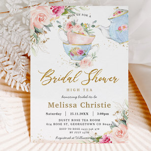 Elegant Blush Floral High Tea Party Bridal Shower Invitation