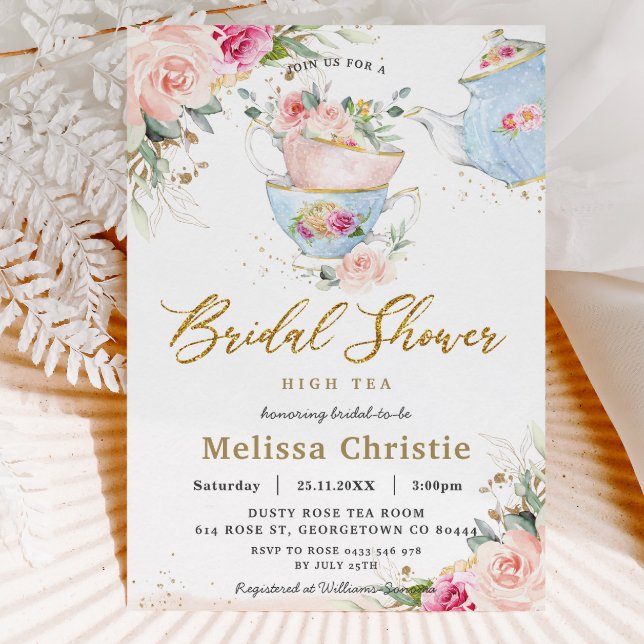 Elegant Blush Floral High Tea Party Bridal Shower Invitation