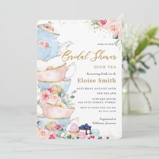 Elegant Blush Floral High Tea Party Bridal Shower Invitation | Zazzle