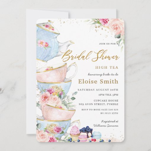 Elegant Blush Floral High Tea Party Bridal Shower Invitation | Zazzle