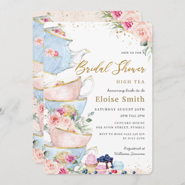 Elegant Blush Floral High Tea Party Bridal Shower Invitation (Front/Back)