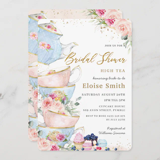 Elegant Blush Floral High Tea Party Bridal Shower Invitation | Zazzle