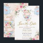 Elegant Blush Floral High Tea Party Bridal Shower  Save The Date<br><div class="desc">Personalize this elegant tea party save the date with your own wording easily and quickly, simply press the customize it button to further re-arrange and format the style and placement of the text.  Featuring a pretty baby blue teapot, tea cups, beautiful watercolor blush pink roses and dainty green and gold...</div>