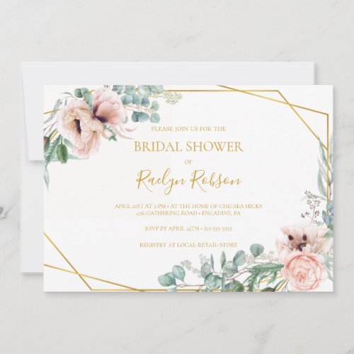Elegant Blush Floral  Horizontal Bridal Shower Invitation