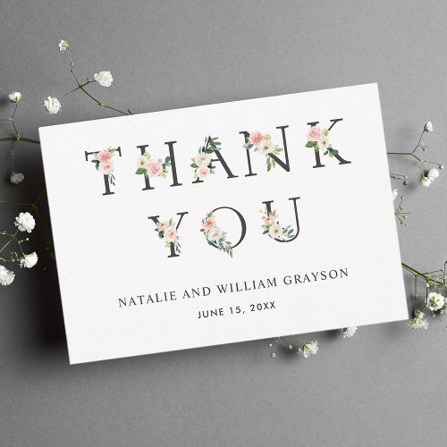 Elegant Blush Floral Letters Thank You Card