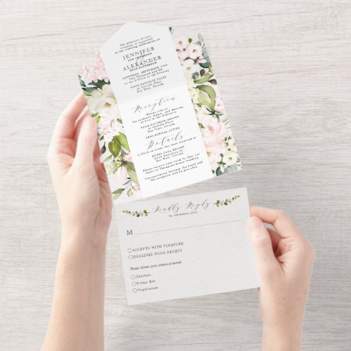 Elegant Blush Floral  lEucalyptus Wedding All In One Invitation