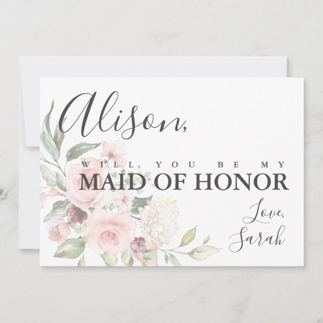 Elegant Blush Floral Maid of Honor Proposal Card (Front)