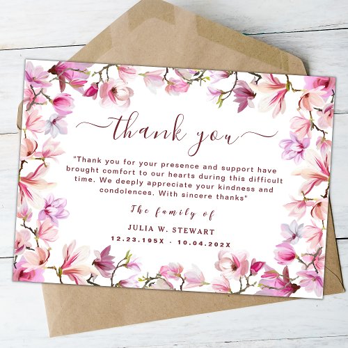 Elegant Blush Floral Modern Funeral Thank You Note Card