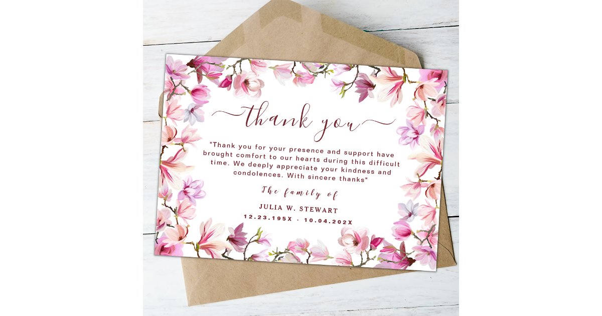 Elegant Blush Floral Modern Funeral Thank You Note Card | Zazzle