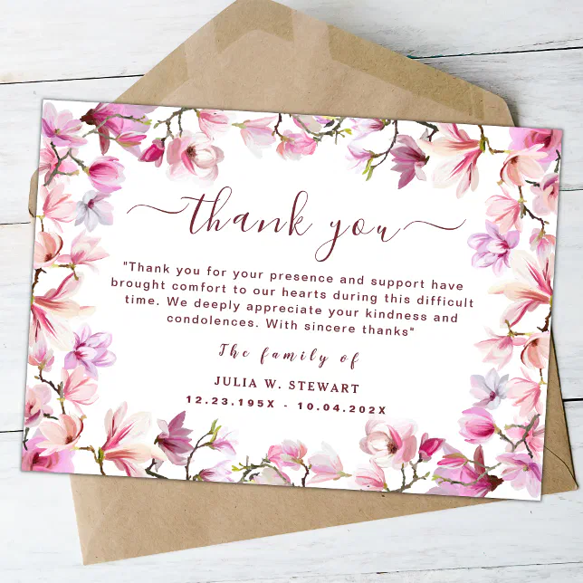 Elegant Blush Floral Modern Funeral Thank You Note Card | Zazzle