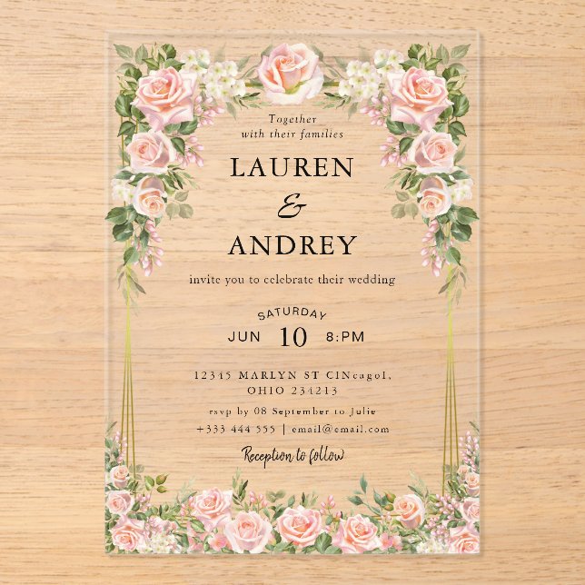 Elegant Blush Floral Modern Wedding Acrylic Invitations (Front)