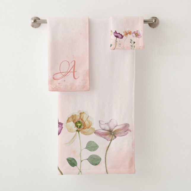 Elegant Blush Floral Monogram Bath Towel Set (Insitu)