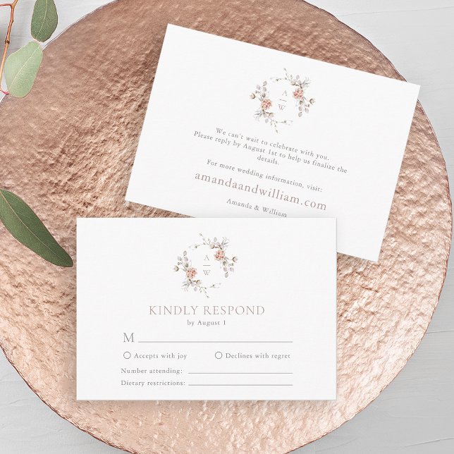 Elegant Blush Floral Monogram RSVP & Info Card (Creator Uploaded)