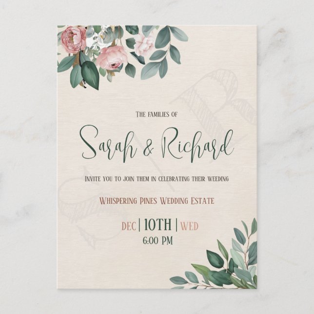 Elegant Blush Floral Monogram Wedding Invitation Postcard (Front)