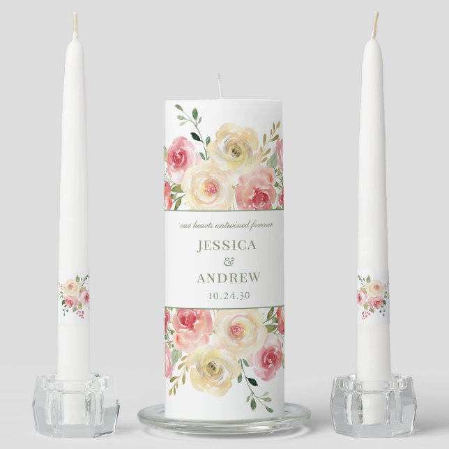 Elegant Blush Floral Our Hearts Entwined Forever Unity Candle Set (Front)