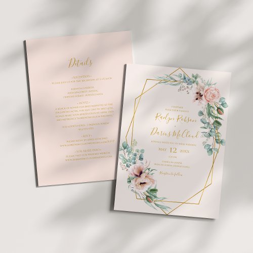 Elegant Blush Floral  Pastel All In One Wedding Invitation