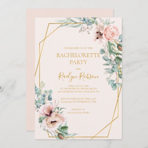 Elegant Blush Floral  Pastel Bachelorette Party Invitation