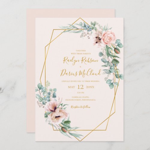 Elegant Blush Floral  Pastel Casual Wedding Invitation