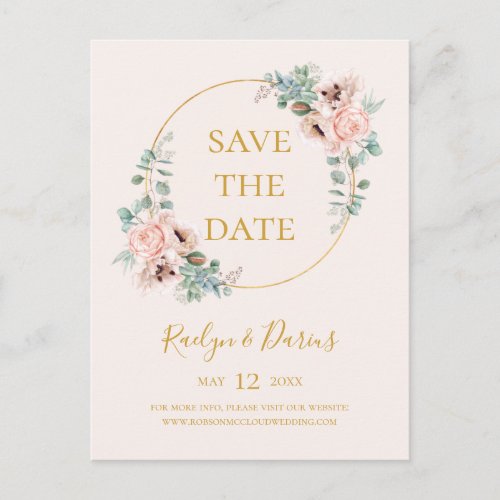 Elegant Blush Floral Pastel Save The Date Postcard