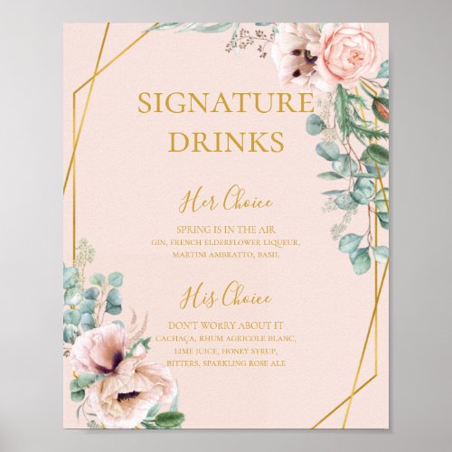 Elegant Blush Floral Pastel Signature Drinks Sign