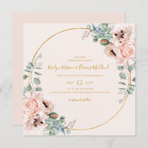 Elegant Blush Floral  Pastel Square Wedding Invitation