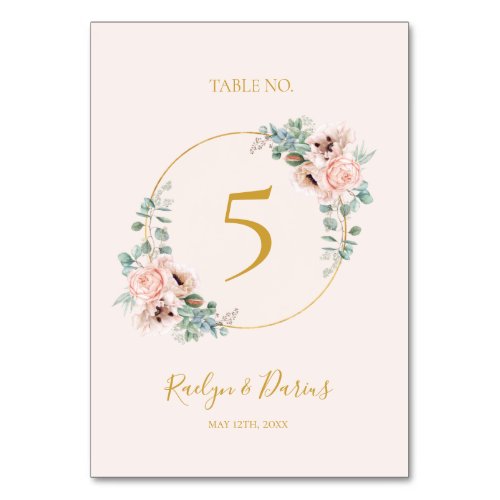Elegant Blush Floral  Pastel Table Number