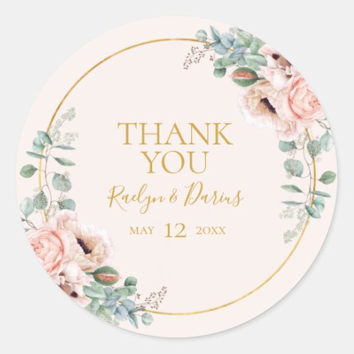 Elegant Blush Floral  Pastel Thank You Favor Classic Round Sticker