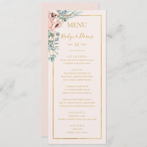 Elegant Blush Floral  Pastel Wedding Dinner Menu