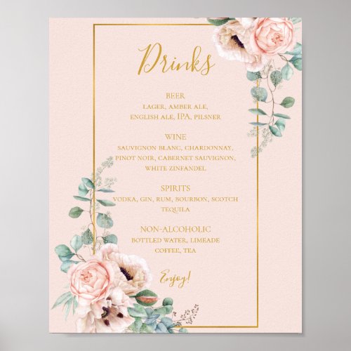 Elegant Blush Floral  Pastel Wedding Drinks Menu Poster