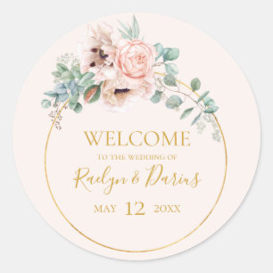 Elegant Blush Floral Pastel Wedding Welcome Classic Round Sticker