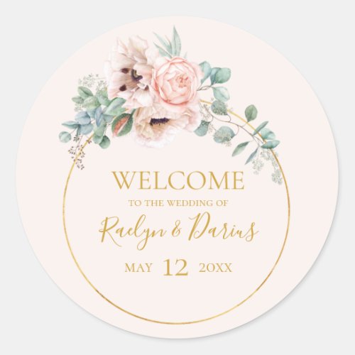 Elegant Blush Floral  Pastel Wedding Welcome Classic Round Sticker