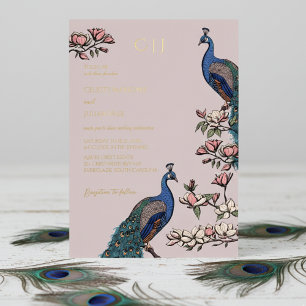 Elegant Blush Floral Peacock Wedding Foil Invitation