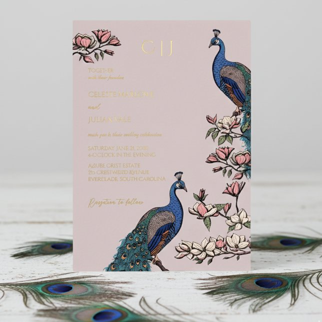 Elegant Blush Floral Peacock Wedding Foil Invitation (Elegant Blush Pink Wedding Invitations. Trendy Floral Blue Peacock, Teal Feathers, Magnolia Flowers)