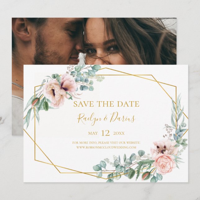 Elegant Blush Floral | Photo Horizontal Save The D Date (Front/Back)