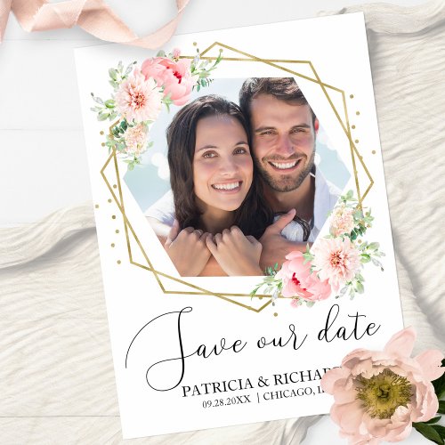 Elegant Blush Floral Photo Wedding Save the Date Invitation