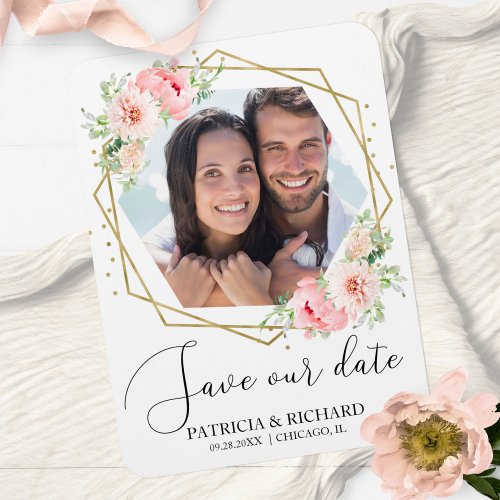 Elegant Blush Floral Photo Wedding Save the Date Magnet