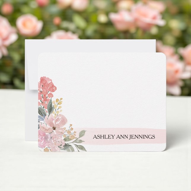Elegant Blush Floral Pink Personalized Note Card (Blush floral watercolor personalized notecard with elegant bouquet)