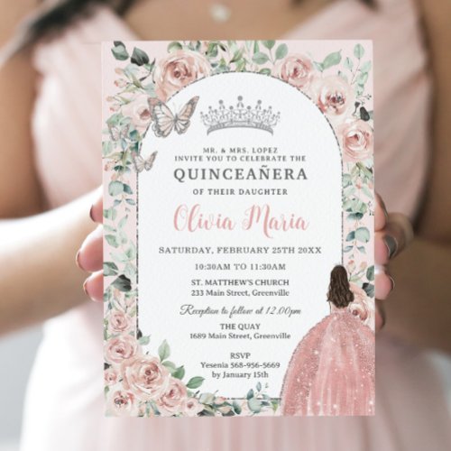 Elegant Blush Floral Princess Silver Quinceaera Invitation