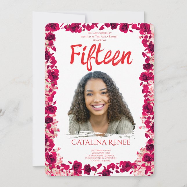 Elegant Blush Floral Quinceañera Invitation (Front)