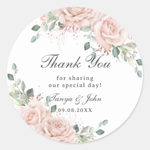 Elegant Blush Floral Rose Gold Wedding Bridal Classic Round Sticker