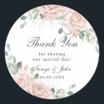 Elegant Blush Floral Rose Gold Wedding Bridal Classic Round Sticker<br><div class="desc">Personalize these elegant floral round stickers easily and quickly. Simply click the customize it further button to edit the texts,  change fonts and fonts colors. Featuring beautiful blush roses floral,  delicate greenery and rose gold elements. Matching items available in store. (c) Somerset Fine Paperie</div>