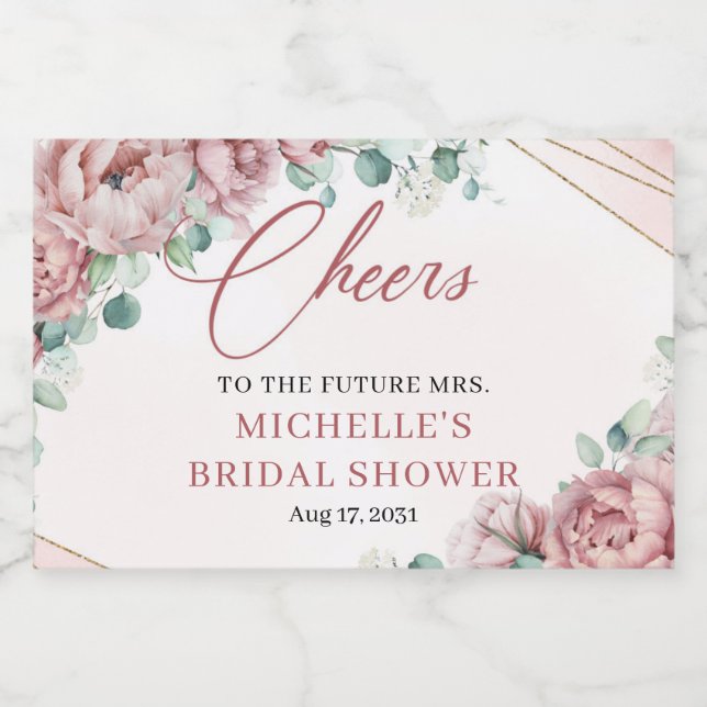 Elegant blush floral roses eucalyptus gold frame c sparkling wine label (Single Label)