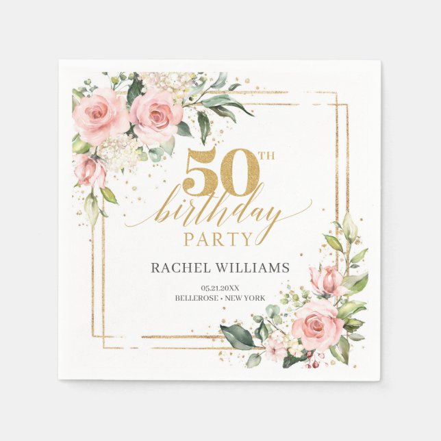 Elegant Blush  floral roses greenery 50th birthday Napkins (Front)