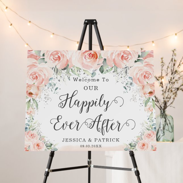 Elegant Blush Floral Roses Silver Wedding Welcome Foam Board (In Situ (Stand))