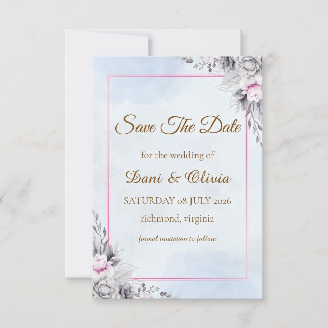 Elegant Blush Floral Save the Date Card (Front)