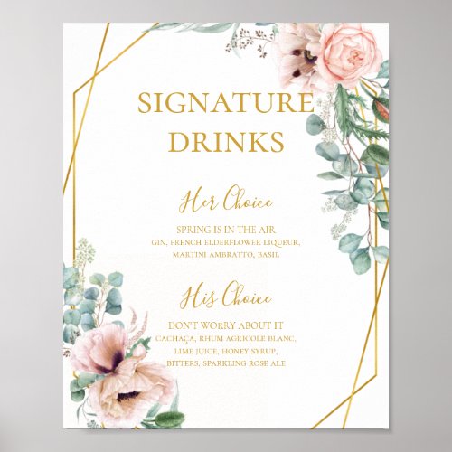 Elegant Blush Floral  Signature Drinks Sign