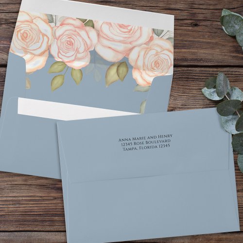 Elegant Blush Floral Simple Minimalist Dusty Blue  Envelope