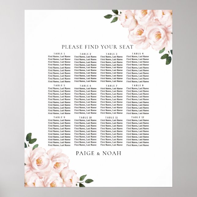 Elegant Blush Floral Tables Seating Chart Wedding (Front)